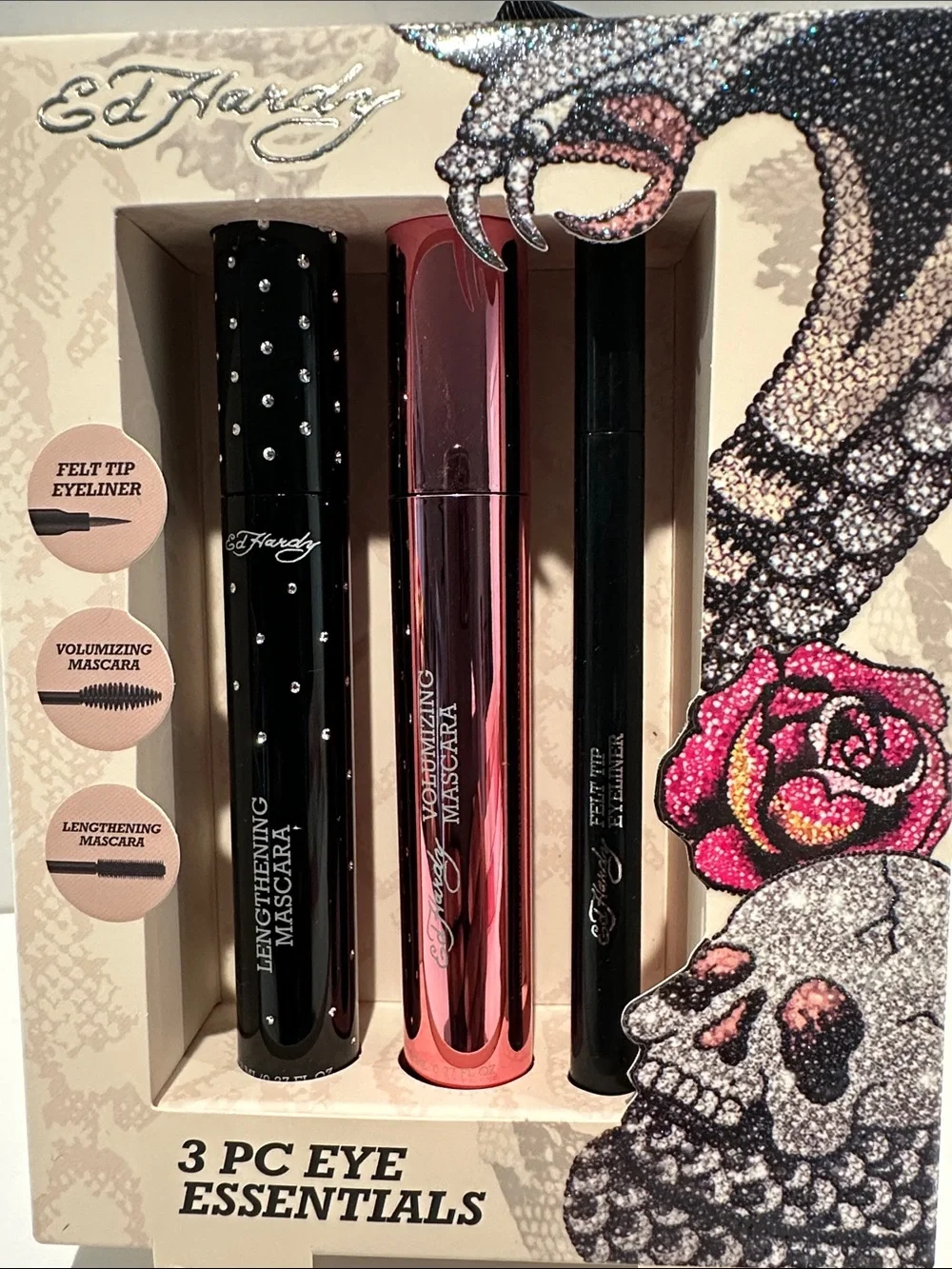 Ed Hardy (3) Piece Eye Essential Mascaras with Felt Tip Eyeliner, Lengthening.